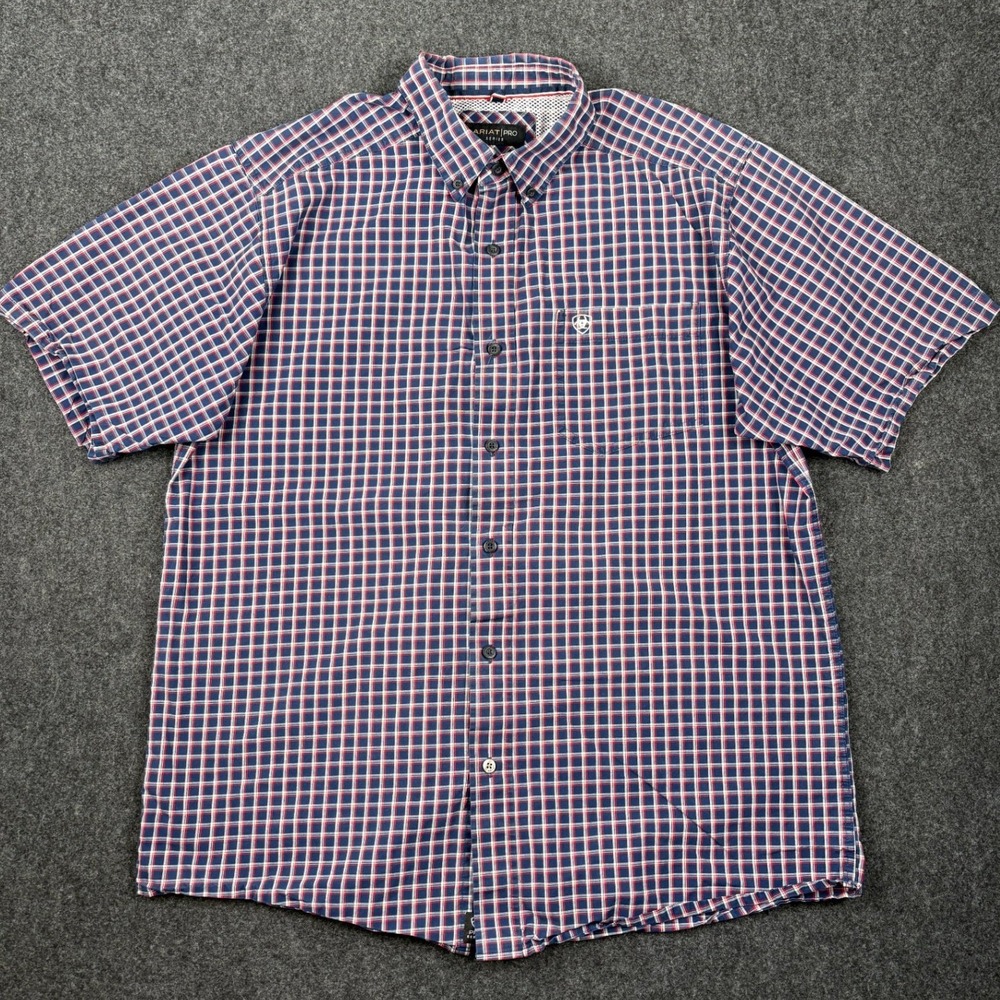 Ariat Pro Series Mens Large Navy Red Plaid Short Sleeve Button Down Shirt